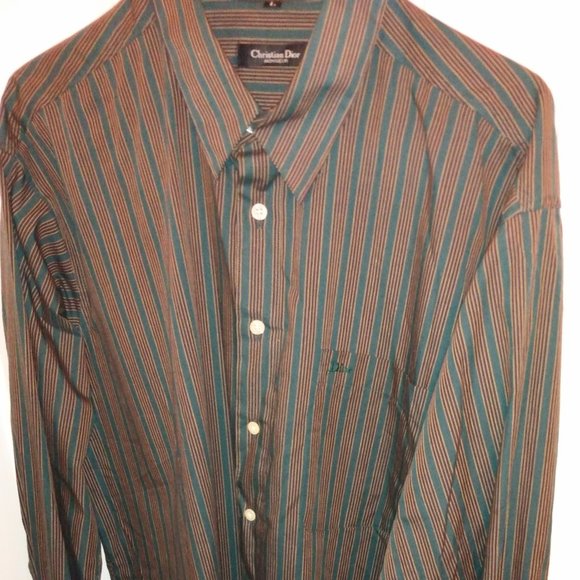 Dior Other - Christian Dior Men's Dress Shirt Blue Burgundy Stripe Long Sleeve Dress Shirt L